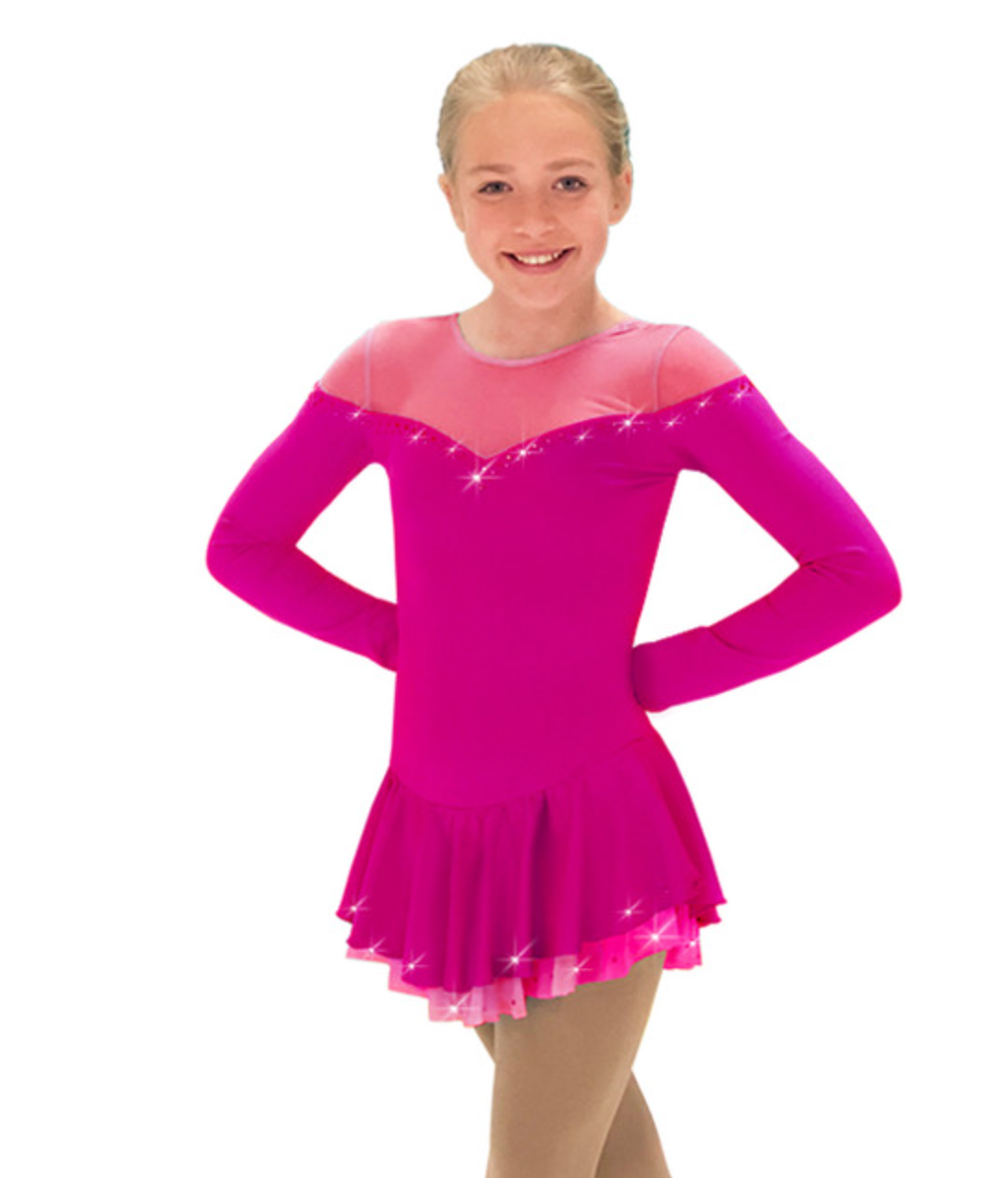 Chloe Noel DLS905 Long Supplex Body Mesh Dress in Candy Pink - Adult XS - Clothing > Figure Skating Dresses
