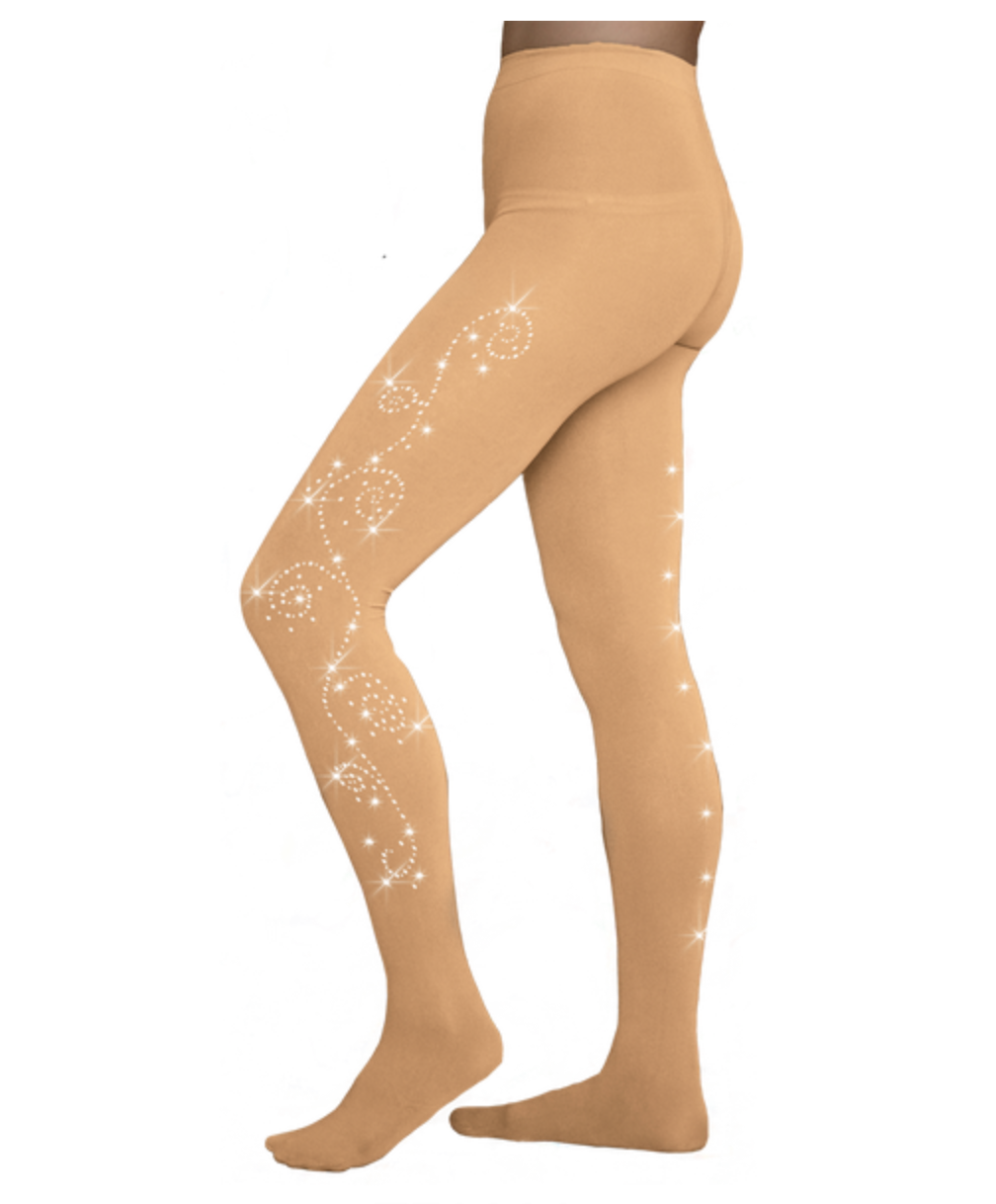 Chloe Noel TF8830 Footed Tights - Light Tan / Crystal Swirls / Adult XS - Accessories > Skating Tights