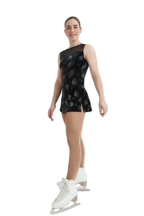 Mondor 12935 Sleeveless Ice Skating Dress in Black Velvet with Glitter Mesh Pattern - Clothing > Figure Skating Dresses