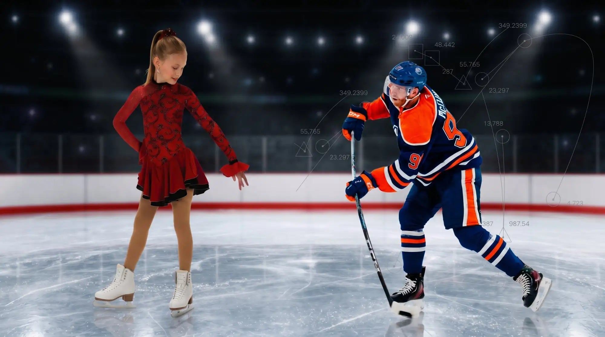 A young girl in a red figure skating dress with black trim and white ice skates stands on the rink beside an nhl hockey player wearing a blue, orange, and navy jersey with number 9.