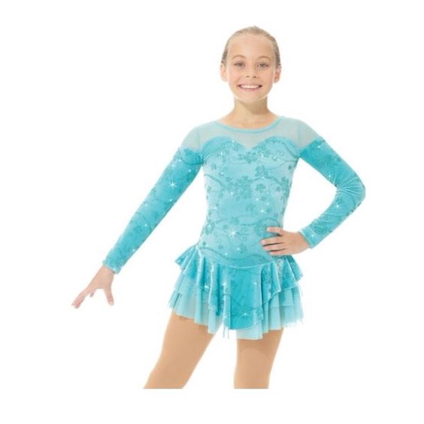 2765 Aqua Flowers Velvet Ice Skating Dress By Mondor. Age 8-10 years